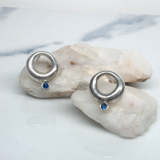 Silver Hoop Earrings with Blue Sapphire