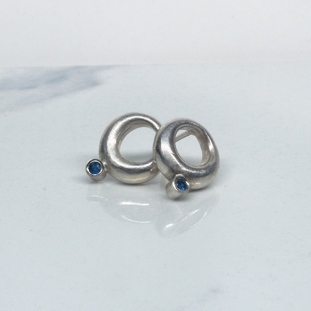 Silver Hoop Earrings with Blue Sapphire