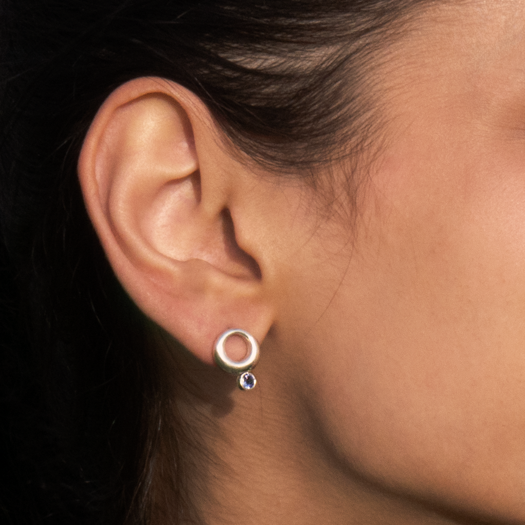 Silver Hoop Earrings with Blue Sapphire