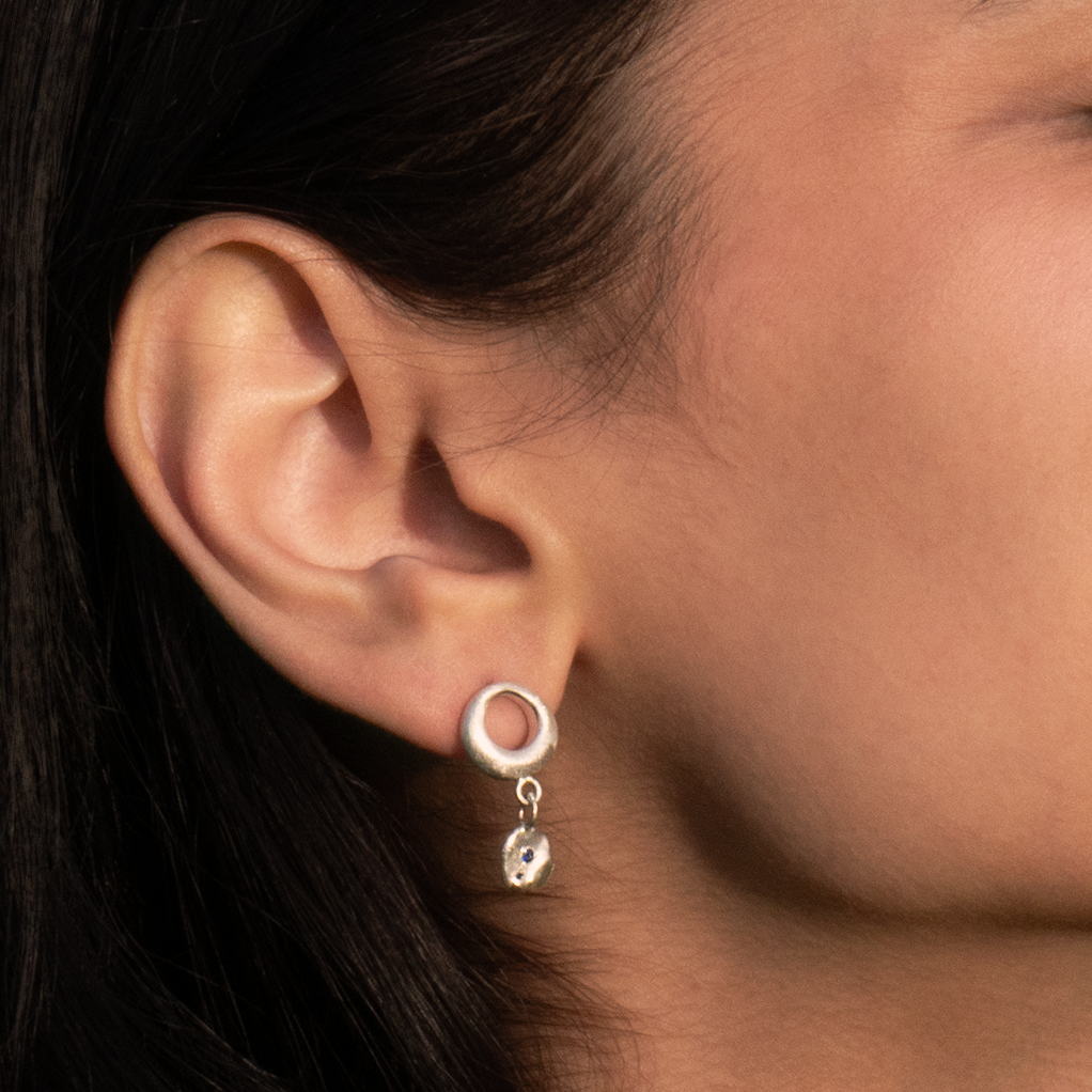 Silver Hoop Earrings with Blue Sapphire Drop