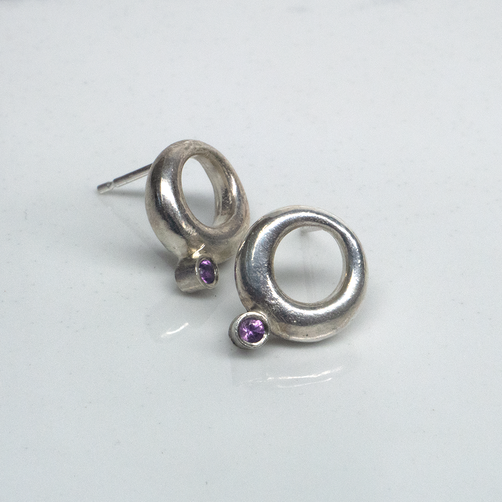 Silver Hoop Earrings with Pink Sapphire