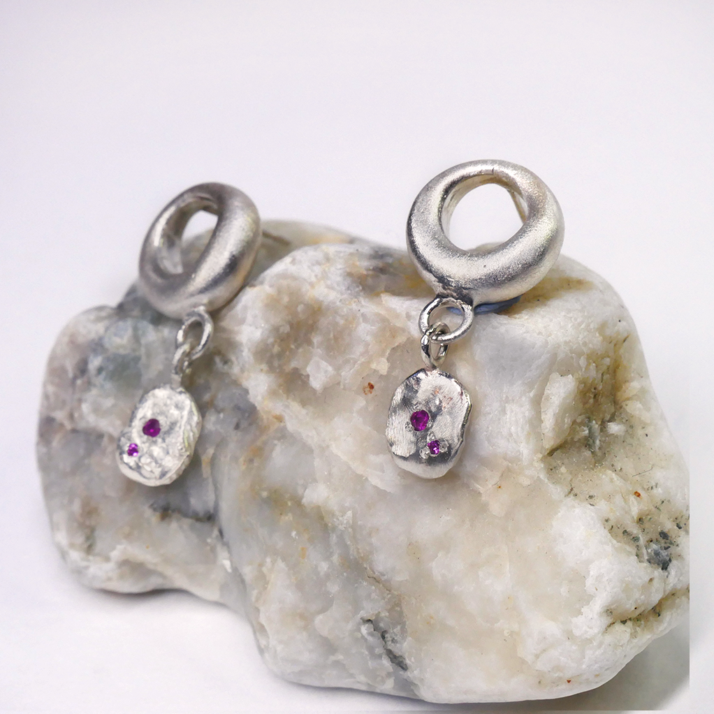 Silver Hoop Earrings with Pink Sapphire Drop