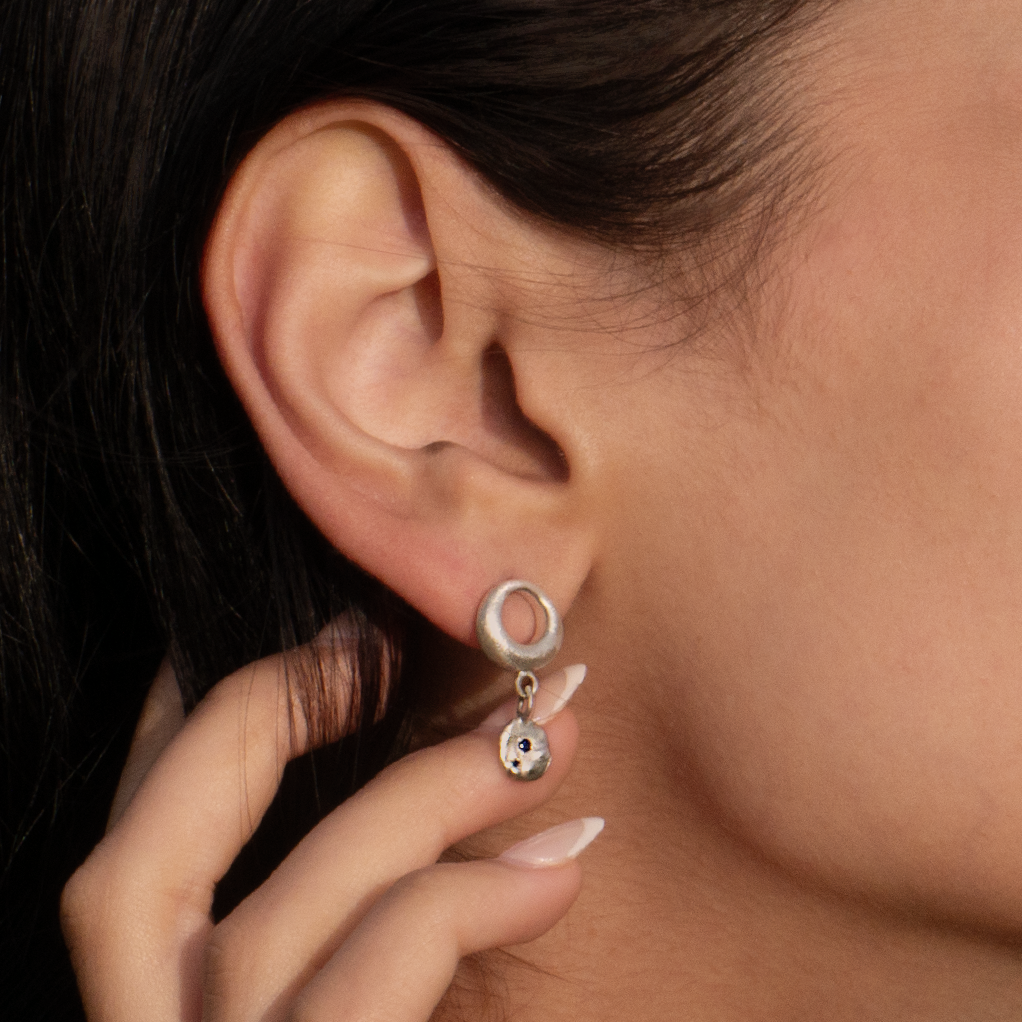 Silver Hoop Earrings with Pink Sapphire Drop